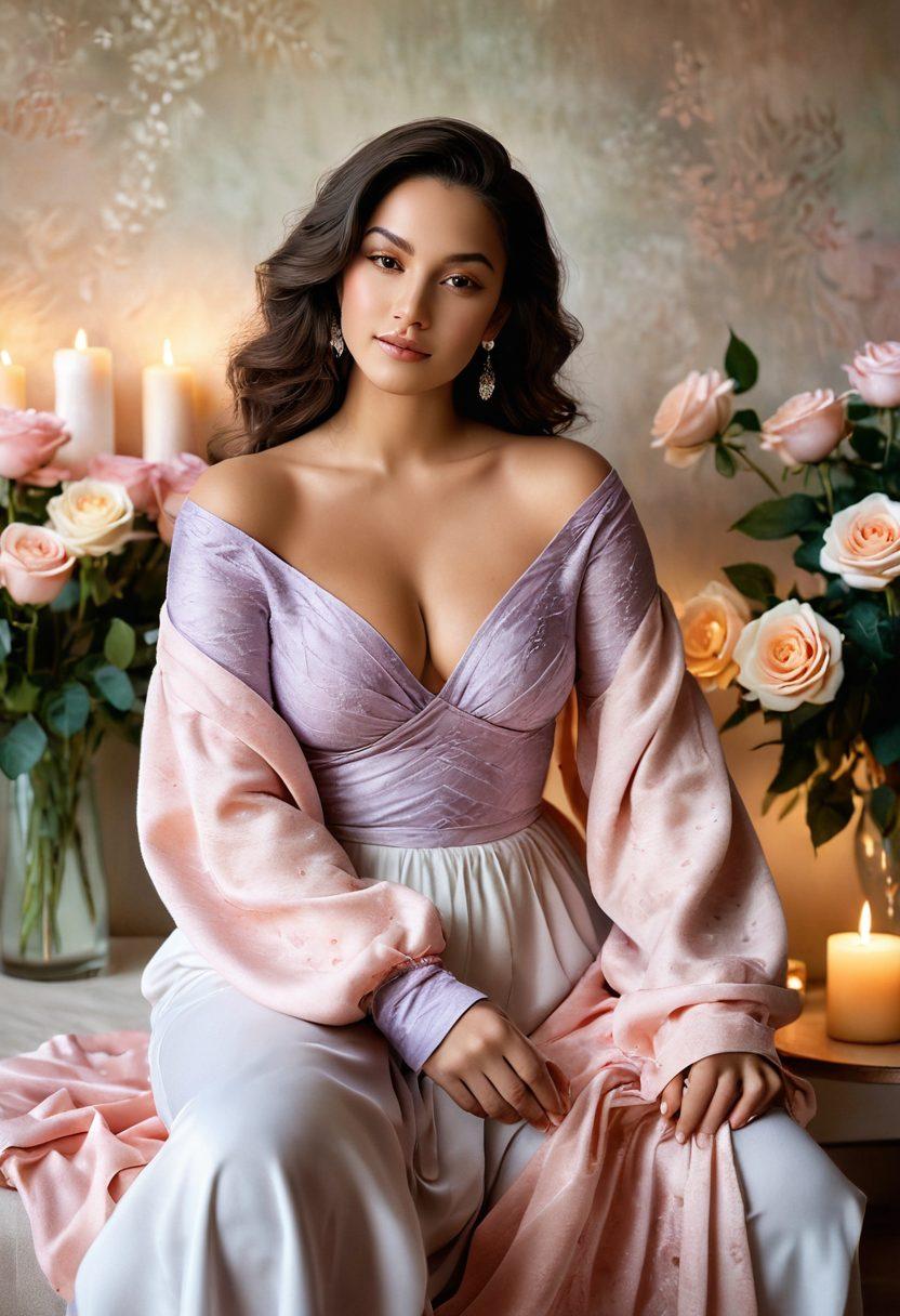A confident, curvy figure embracing themselves in a warm and inviting room, surrounded by soft pastel colors and plush fabrics. Fragrant candles flicker gently in the background, casting a gentle glow on the scene. The figure is adorned in flowing, elegant clothing that accentuates their curves and showcases a sense of self-love. Floral elements, like blooming roses, are woven throughout the image, symbolizing beauty and growth. A serene and uplifting ambiance enhances the feeling of sensuality and empowerment. vibrant colors. soft lighting. painting.