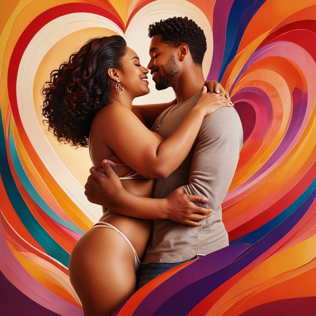A vibrant and warm scene featuring diverse couples celebrating their curves with joy and intimacy, surrounded by colorful abstract designs symbolizing love connections. The background should evoke a sense of community and acceptance, with soft, flowing lines representing the celebration of curves. Include elements like heart shapes and floral accents to enhance the romantic atmosphere. super-realistic. vibrant colors. warm tones.